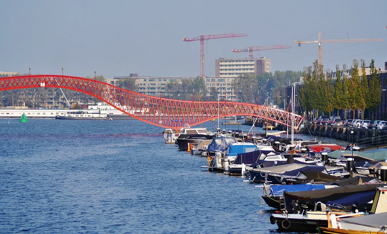 The red Python Bridge in Amsterdam’s Eastern Docklands