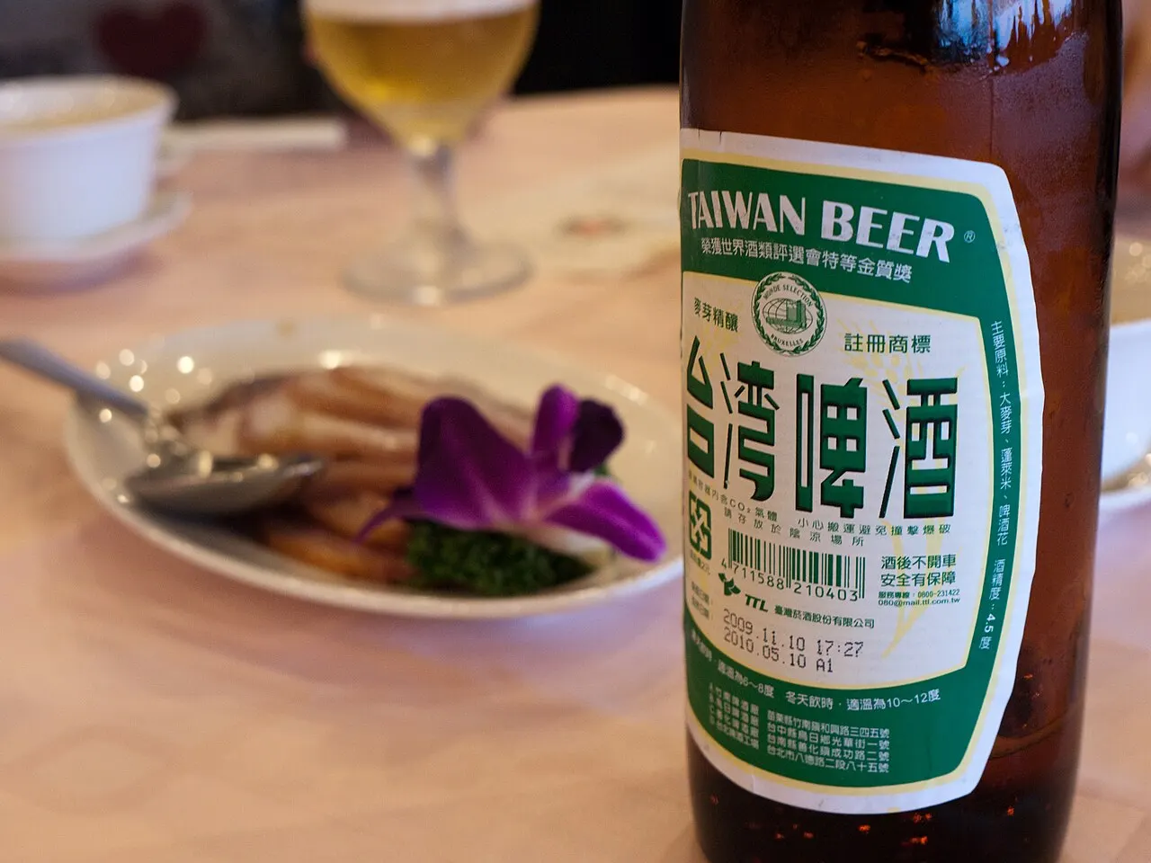 Taiwan Beer at a restaurant table
