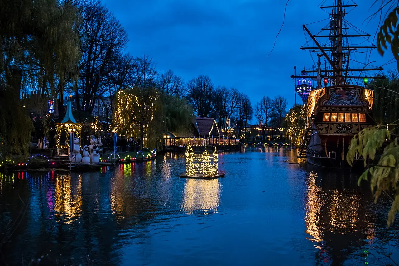 Christmas lights reflected in the lake at Tivoli Gardens, Copenhagen