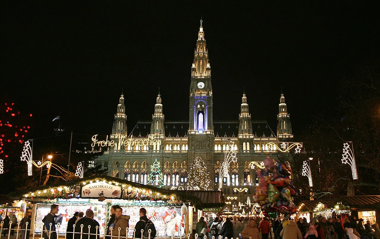 Wiener Christkindlmarkt in front of Vienna City Hall at night