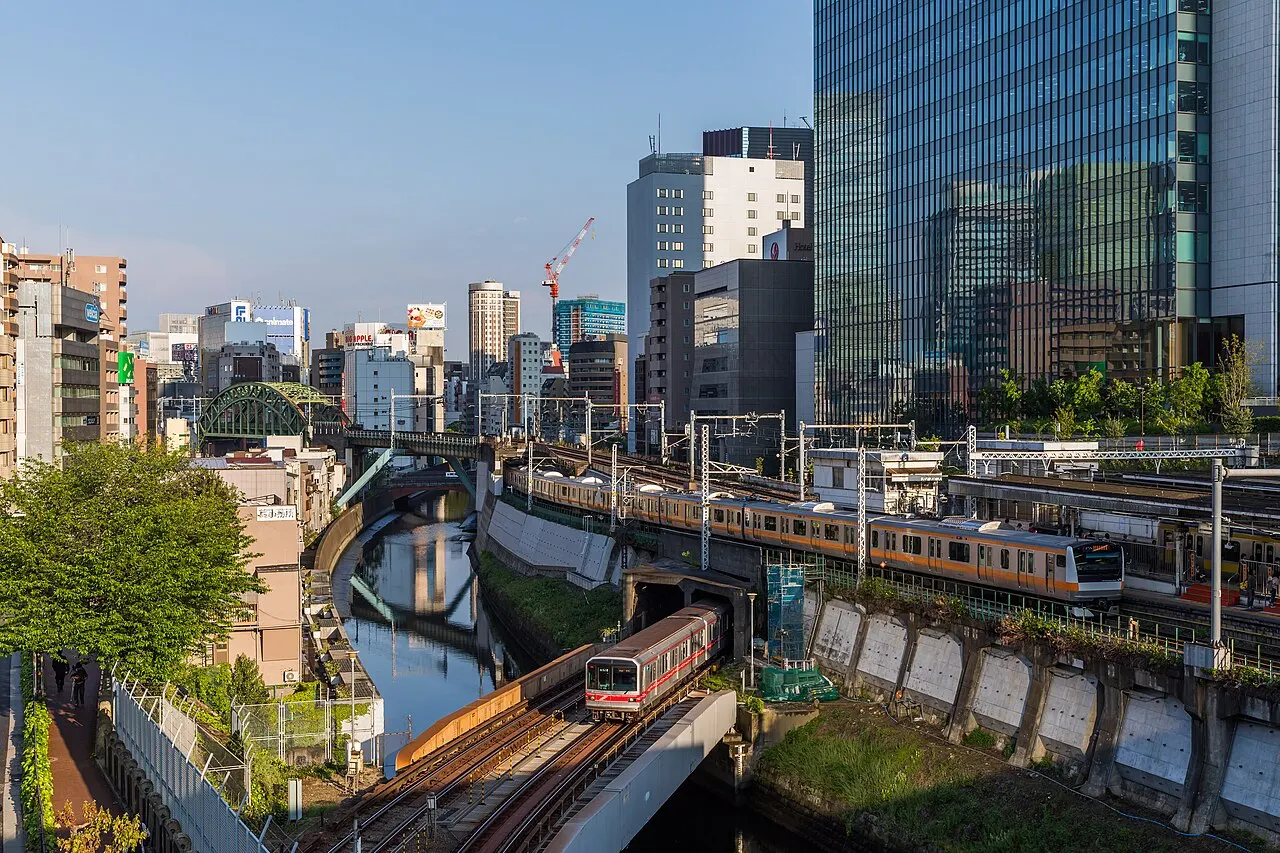 Tokyo Metro and JR East trains crossing at Ochanomizu, Tokyo