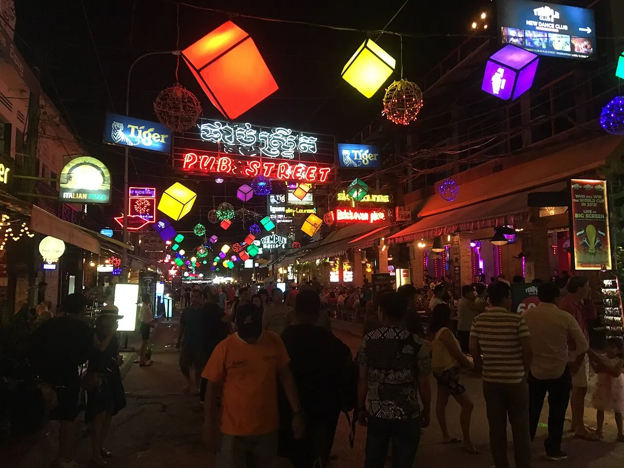 Lanterns and bars along Pub Street, Siem Reap