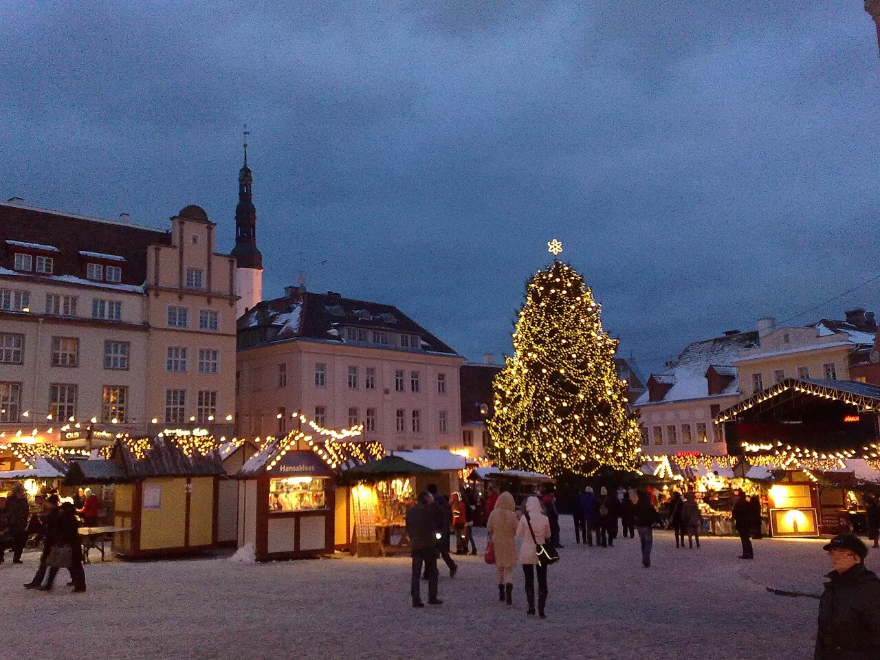 Christmas market and Christmas tree in Tallinn Town Hall Square