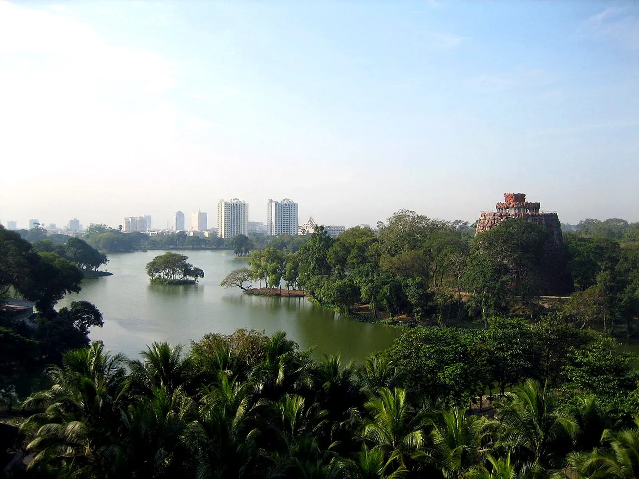 Kandawgyi Lake surrounded by trees in Yangon